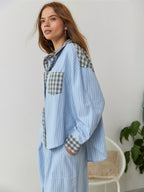 Women's Elegant Plaid Pajama Set Long Sleeve Shirt Wide Leg Pants Soft Casual Loungewear – Sara