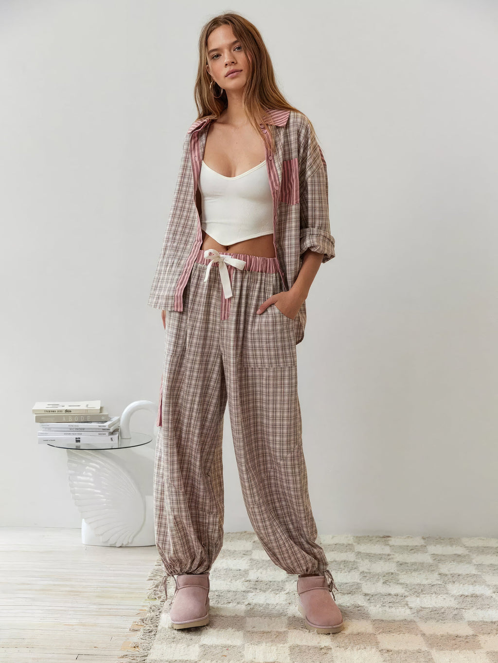 Women's Elegant Plaid Pajama Set Long Sleeve Shirt Wide Leg Pants Soft Casual Loungewear – Sara