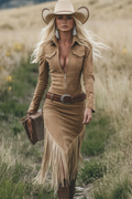 Women's Retro Western Cowgirl Midi Dress Lapel Zipper Tassel Detail Casual Vintage – Camel
