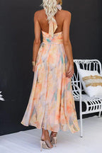 Women's Elegant Watercolour Halter Neck Long Dress Chiffon Floral Formal Wedding Guest Party Dress – Sandra Peach