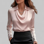 Women's Satin Draped Cowl Neck Long Sleeve Blouse Office Evening Elegant Silky Formal – Rose