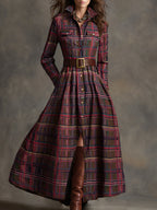 Women's Retro Ethnic Plaid Cowgirl Long Dress Lapel Belted Long Sleeve Casual Relaxed – Reddish Brown