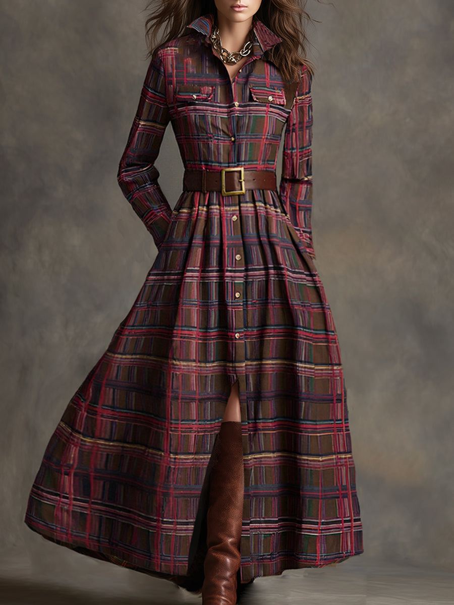 Women's Retro Ethnic Plaid Cowgirl Long Dress Lapel Belted Long Sleeve Casual Relaxed – Reddish Brown