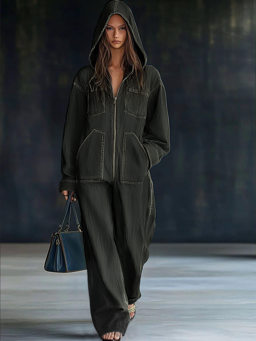 Women's Casual Loose Retro Denim Jumpsuit Hooded Zipper Sleeve Pocket Vintage – Blue