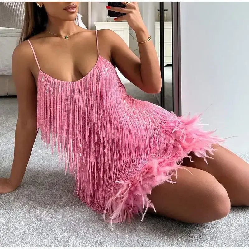 Pink Feather Sequin Mini Elegant Dress Spaghetti Straps Glam Cocktail Night Out Party Dress
