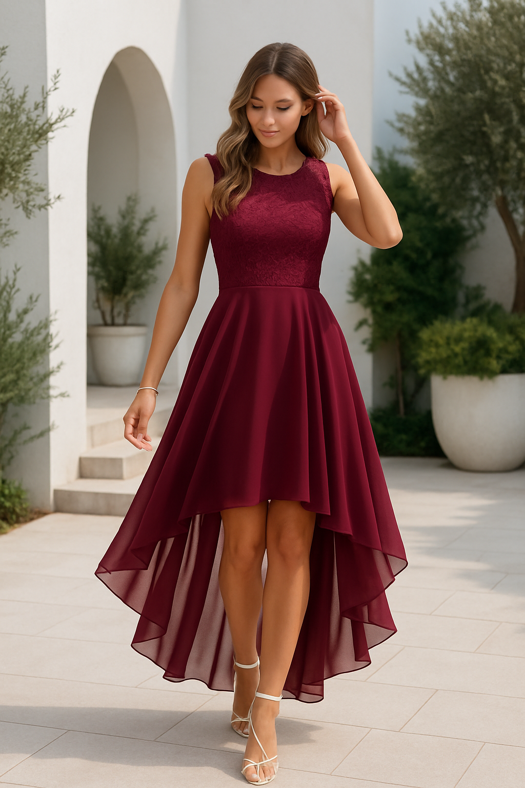 Women's Formal Dress Hi-Low Midi Wedding Guest Sleeveless Fluid Elegant Party Gown