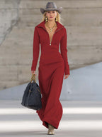 Women's Sporty V-Neck Zip Long Dress Long Sleeve Fitted Casual Formal Party Cowgirl Elegant
