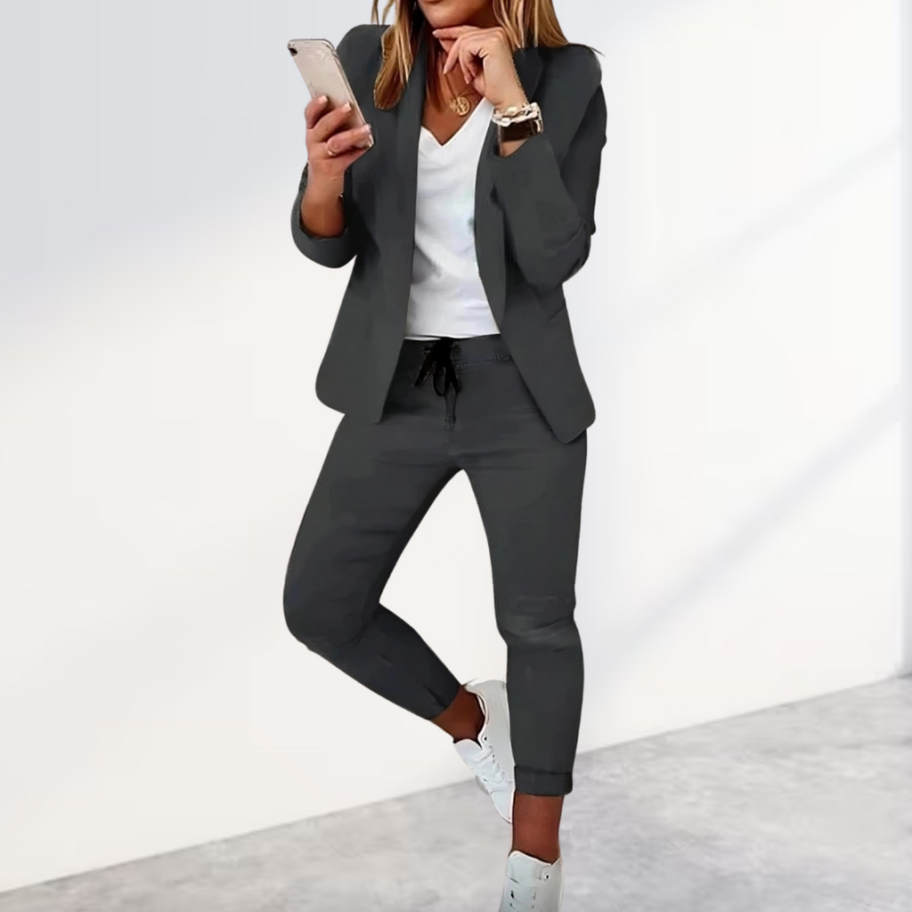 Women's Stylish Blazer & Jogger Trouser Set Business Casual Polyester Slim Fit Everyday – Black