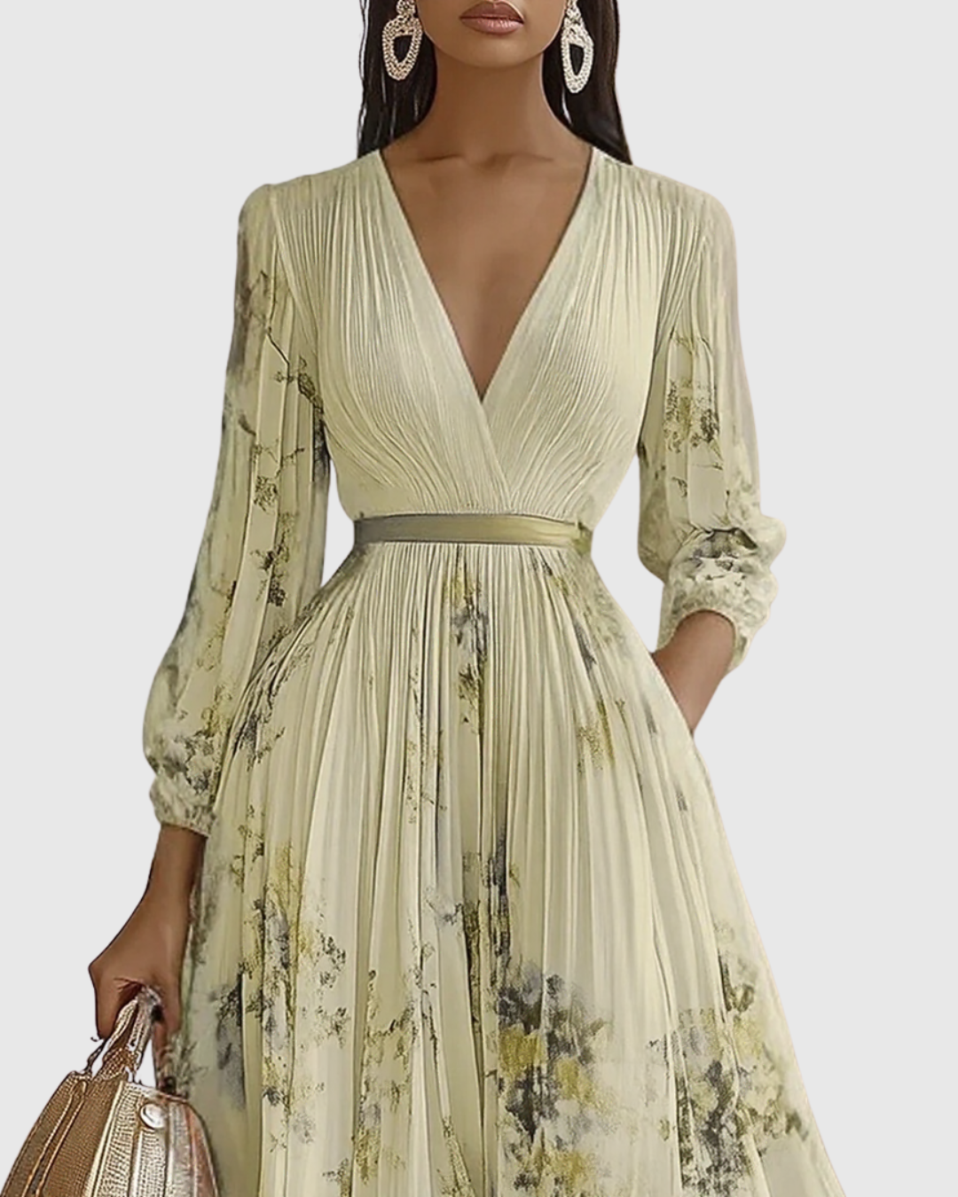 Women's Elegant Pleated Floral Long Dress V-Neck Long Sleeve Ribbon Waist Formal Casual – Rowella