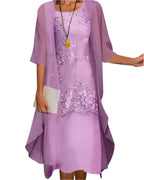 Women's Midi Wedding Guest Dress Sheer Fluid Sleeves Layered Silhouette Elegant Formal