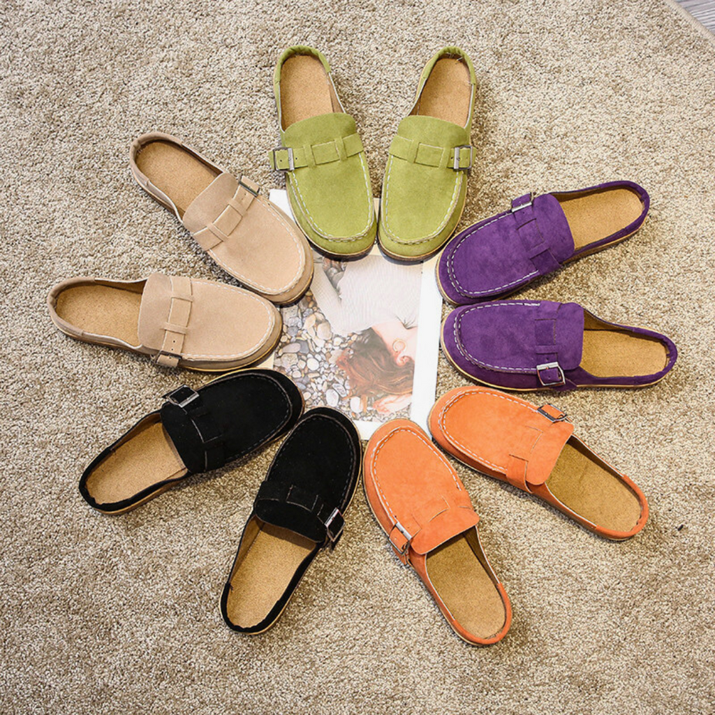 Women's Retro Suede Buckle Clog Mules Slip-On Flat Arch Support Casual Everyday Shoes – Marley