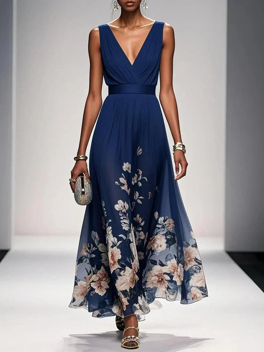 Women's Floral Long Wedding Guest Dress Fluid Feminine Romantic Elegant Ceremony Gown