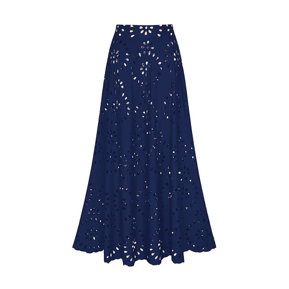 Women's Laser Cut Flower Hollow One-Piece Swimsuit with Cover Up Skirt V-Neck Elegant Beach Summer Swimwear – Navy Blue