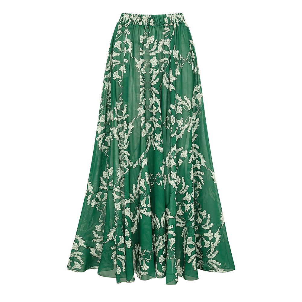 Women's V-Neck Lace-Up Printed One-Piece Swimsuit & Long Skirt Set Casual Beach Vacation Summer Resort Cover-Up – Green Floral