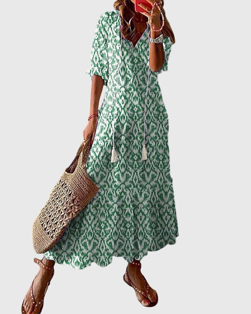 Women's Boho Vintage Summer Midi Dress Floral Print Short Sleeve Casual Feminine Chic – Amalia