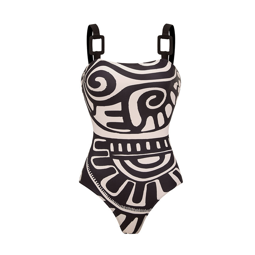 Women's Tribal Print One-Piece Swimsuit & Long Skirt Set Adjustable Straps Beach Vacation Pool Party Summer Resort – Black & White