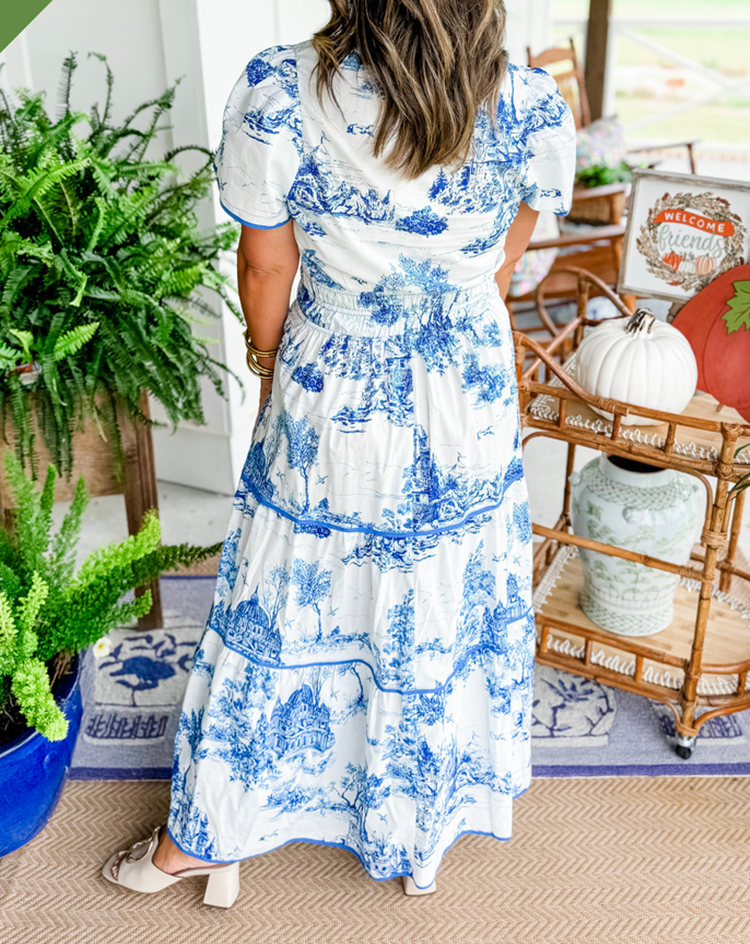 Women's Toile Midi Dress Smocked Waist Tiered Skirt Floral Spring Garden Casual Summer Elegant – Camille