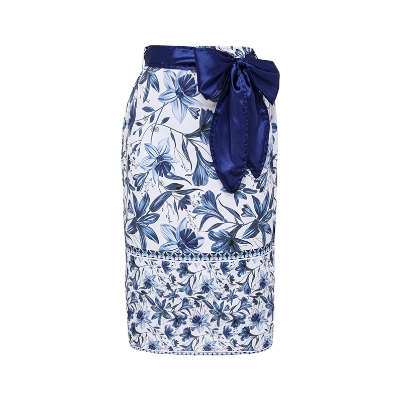 Women's V-Neck Lace-Up Floral Printed One-Piece Swimsuit & Long Skirt Set Tie Shoulder Beach Vacation Resort Pool Party Cruise Honeymoon – Blue & White