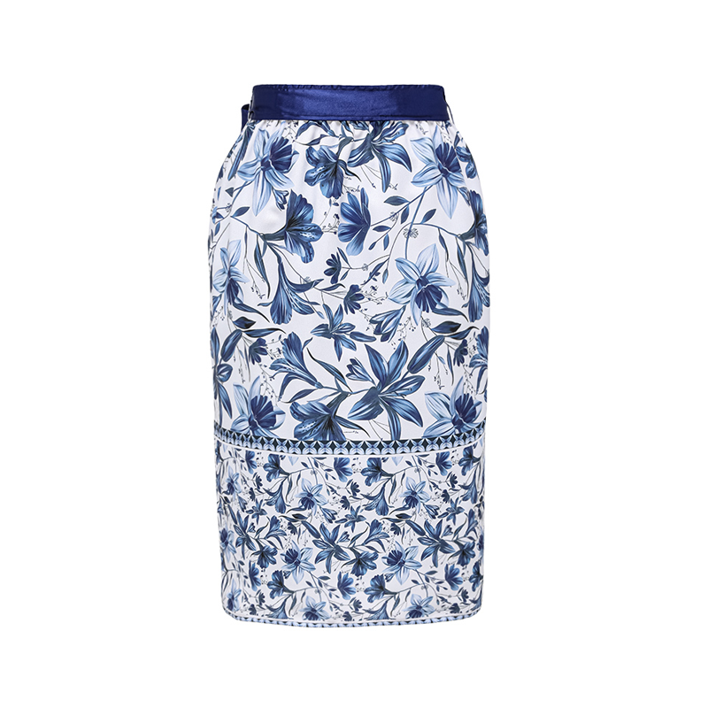 Women's V-Neck Lace-Up Floral Printed One-Piece Swimsuit & Long Skirt Set Tie Shoulder Beach Vacation Resort Pool Party Cruise Honeymoon – Blue & White