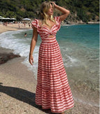 Women's Ruffle Cut-Out One-Piece Swimsuit & Long Skirt Set Red Striped Twist Front Beach Vacation Pool Party Summer Resort – Red & White