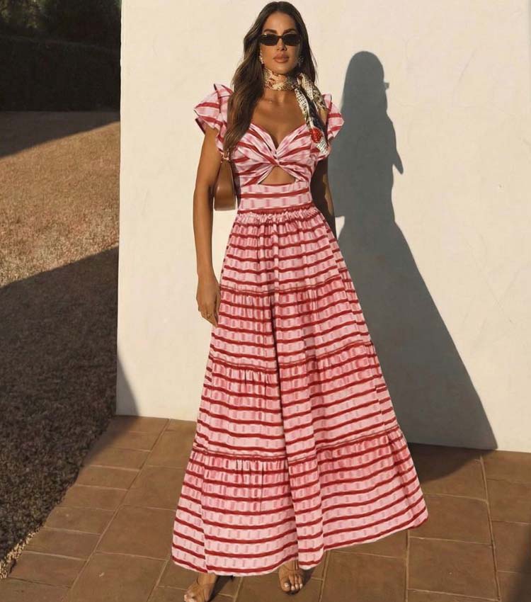 Women's Ruffle Cut-Out One-Piece Swimsuit & Long Skirt Set Red Striped Twist Front Beach Vacation Pool Party Summer Resort – Red & White