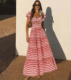Women's Ruffle Cut-Out One-Piece Swimsuit & Long Skirt Set Red Striped Twist Front Beach Vacation Pool Party Summer Resort – Red & White