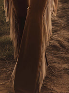Women's Vintage Western Flared Jeans Fringe Tassel Loose Fit Casual Retro Denim – Brown