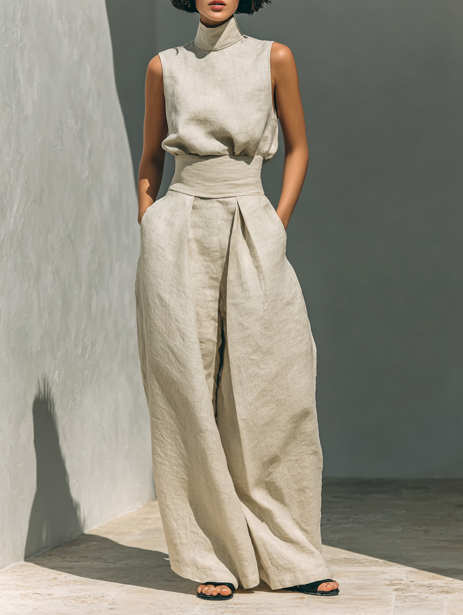 Women's Minimalist Cotton Linen Two-Piece Set Sleeveless Blouse Wide-Leg Pants Casual Chic – Beige