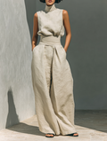 Women's Minimalist Cotton Linen Two-Piece Set Sleeveless Blouse Wide-Leg Pants Casual Chic – Beige
