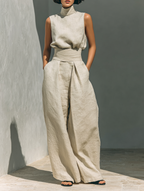 Women's Minimalist Cotton Linen Two-Piece Set Sleeveless Blouse Wide-Leg Pants Casual Chic – Beige