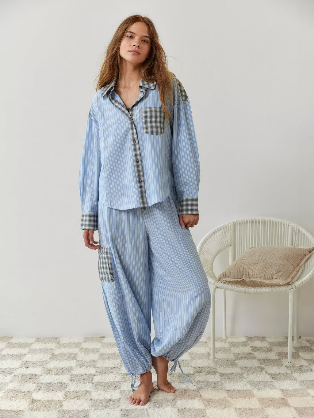 Women's Elegant Plaid Pajama Set Long Sleeve Shirt Wide Leg Pants Soft Casual Loungewear – Sara