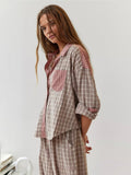 Women's Elegant Plaid Pajama Set Long Sleeve Shirt Wide Leg Pants Soft Casual Loungewear – Sara