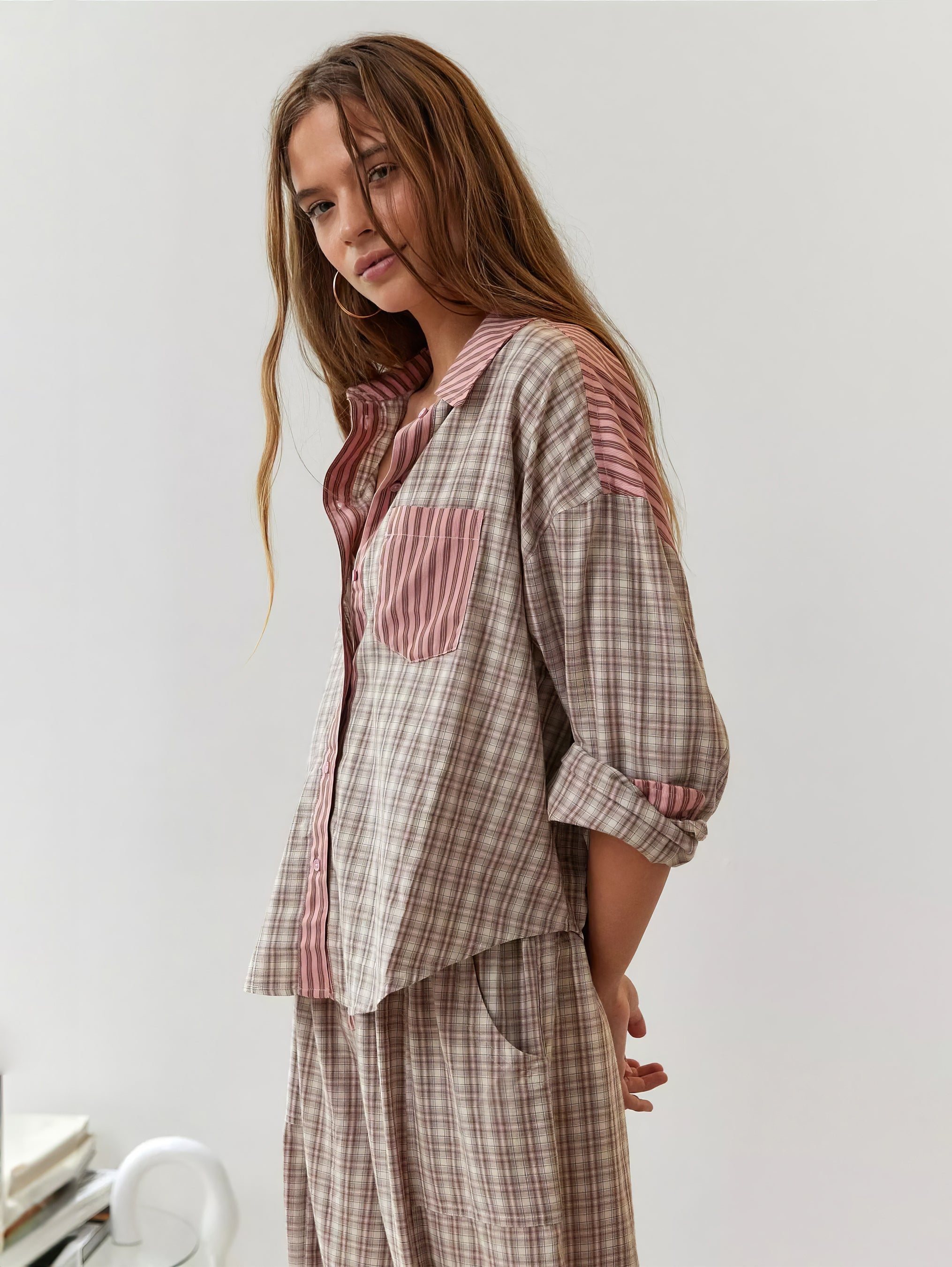 Women's Elegant Plaid Pajama Set Long Sleeve Shirt Wide Leg Pants Soft Casual Loungewear – Sara