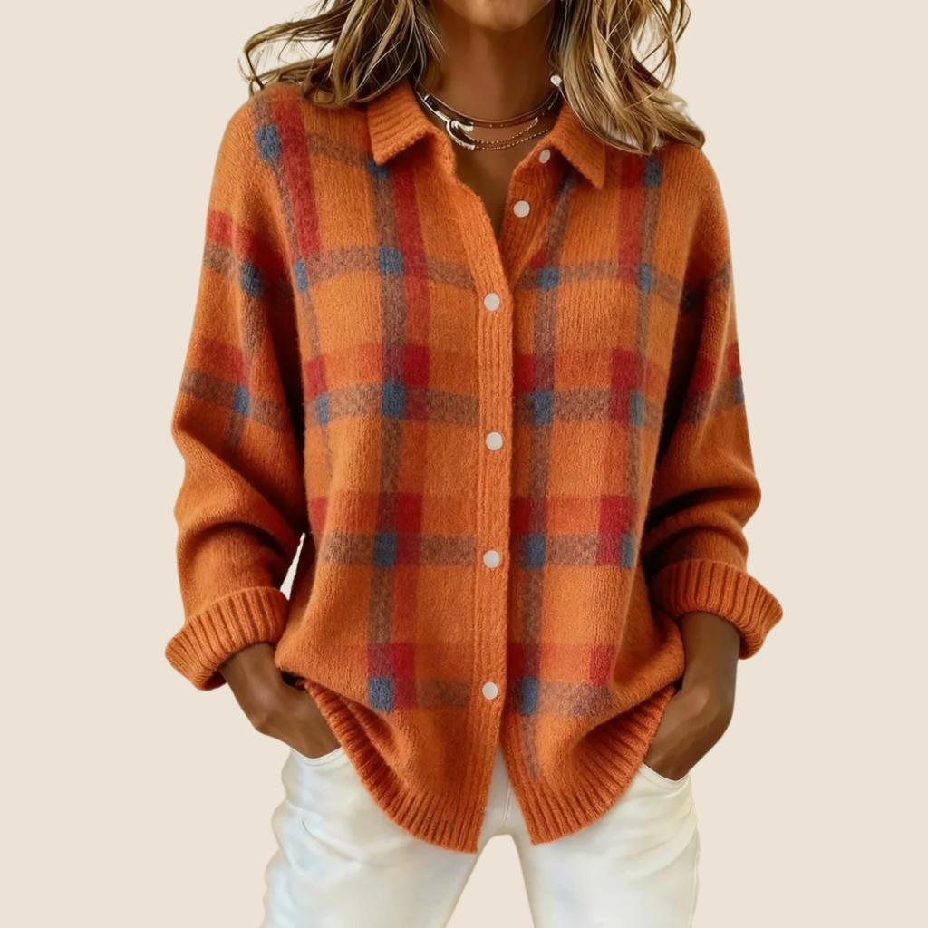 Women's Retro Check Plaid Flannel Shirt Jacket Casual Everyday Fall Winter Cozy Outdoor Streetwear – Vivienne Orange Blue Red
