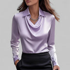 Women's Satin Draped Cowl Neck Long Sleeve Blouse Office Evening Elegant Silky Formal – Rose