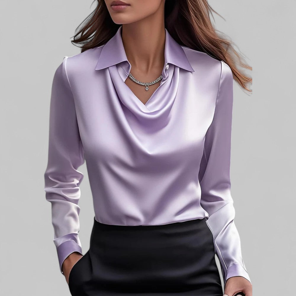 Women's Satin Draped Cowl Neck Long Sleeve Blouse Office Evening Elegant Silky Formal – Rose