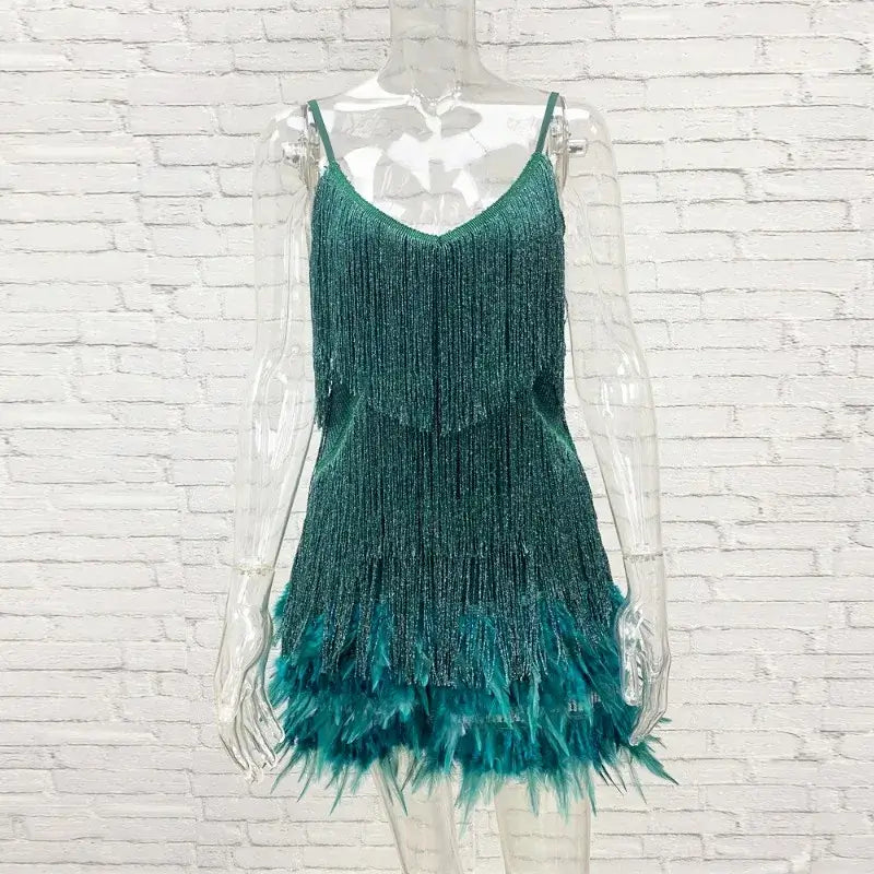 Pink Feather Sequin Mini Elegant Dress Spaghetti Straps Glam Cocktail Night Out Party Dress