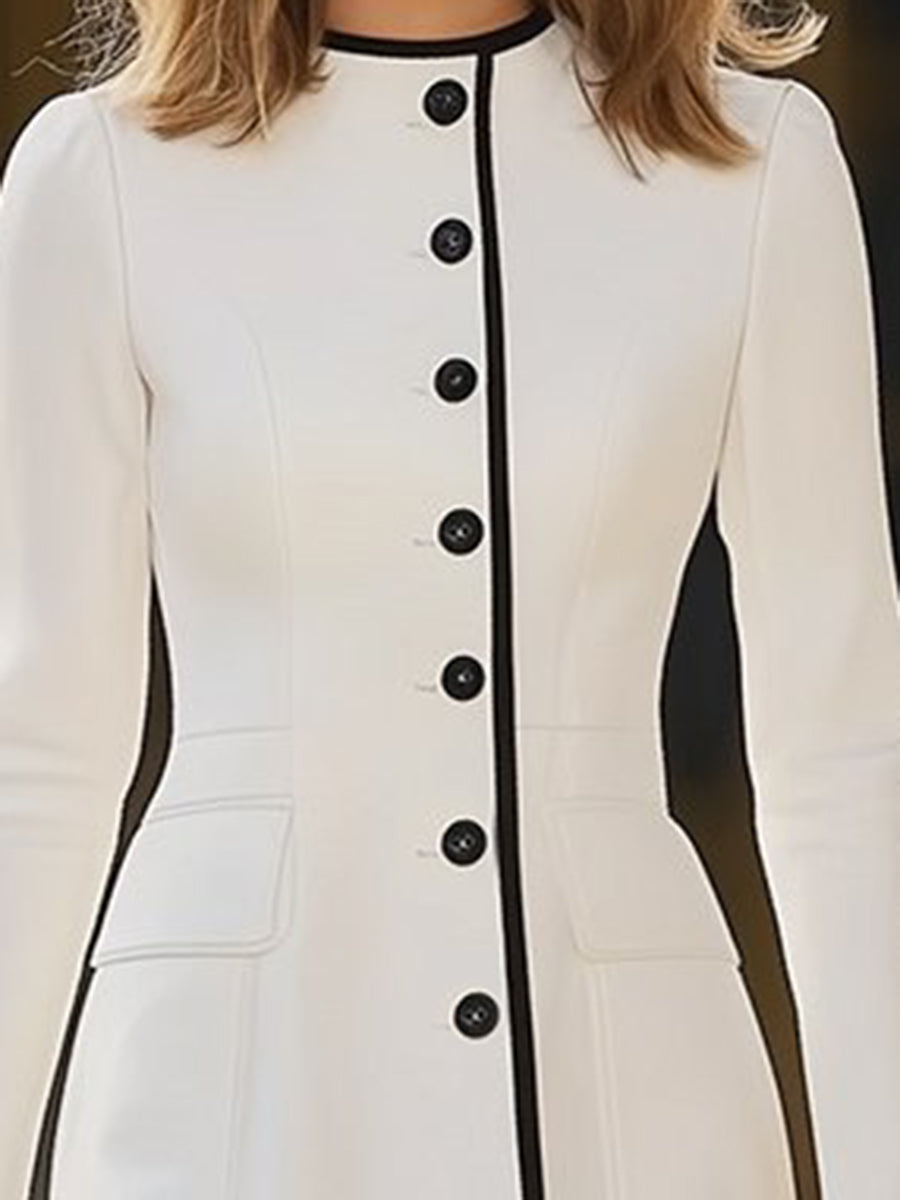 Women's Elegant Colorblock Cowgirl Midi Dress Faux Wool Button Round Neck Formal Dress – Ivory White