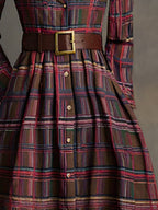 Women's Retro Ethnic Plaid Cowgirl Long Dress Lapel Belted Long Sleeve Casual Relaxed – Reddish Brown