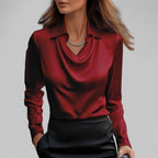 Women's Satin Draped Cowl Neck Long Sleeve Blouse Office Evening Elegant Silky Formal – Rose