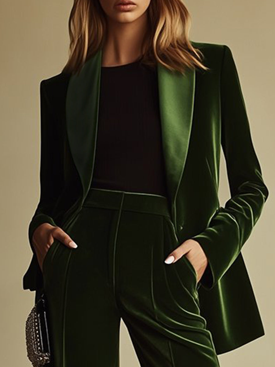 Women's High-End Velvet Two-Piece Suit Notched Lapel Blazer Wide-Leg Pants Retro Elegant – Green