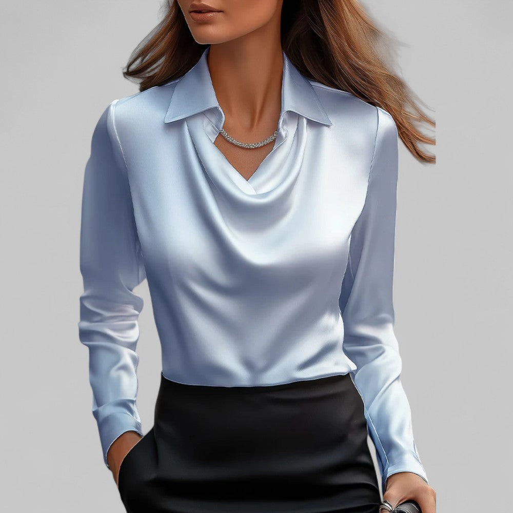 Women's Satin Draped Cowl Neck Long Sleeve Blouse Office Evening Elegant Silky Formal – Rose