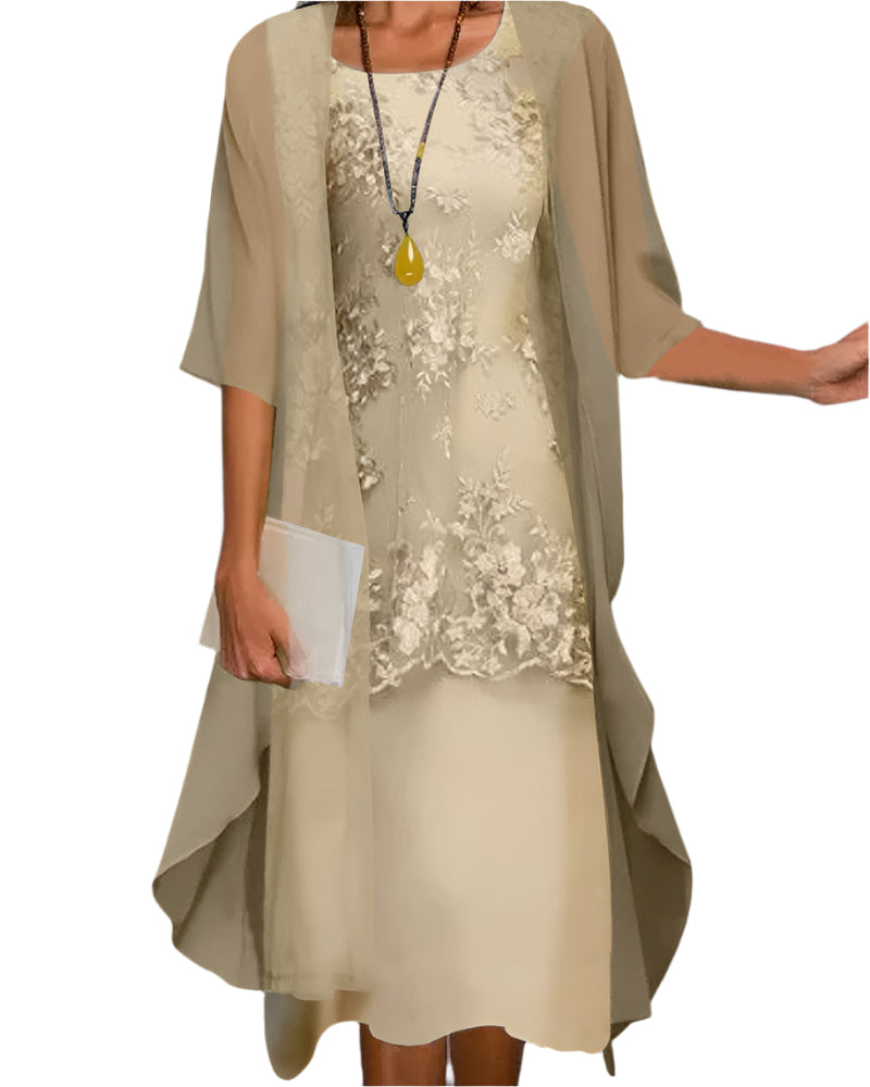 Women's Midi Wedding Guest Dress Sheer Fluid Sleeves Layered Silhouette Elegant Formal