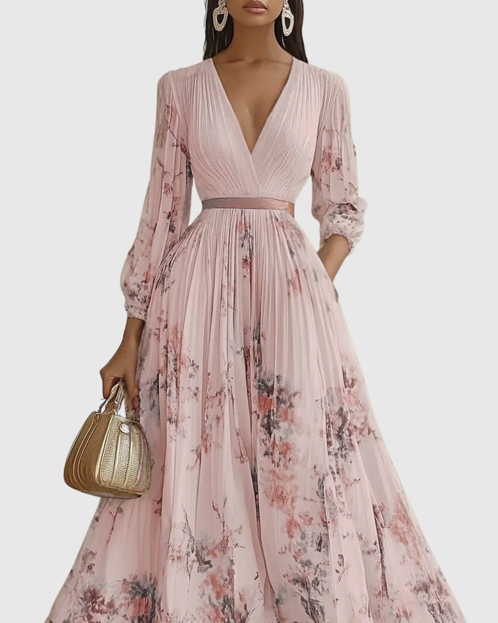 Women's Elegant Pleated Floral Long Dress V-Neck Long Sleeve Ribbon Waist Formal Casual – Rowella