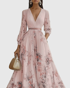 Women's Elegant Pleated Floral Long Dress V-Neck Long Sleeve Ribbon Waist Formal Casual – Rowella