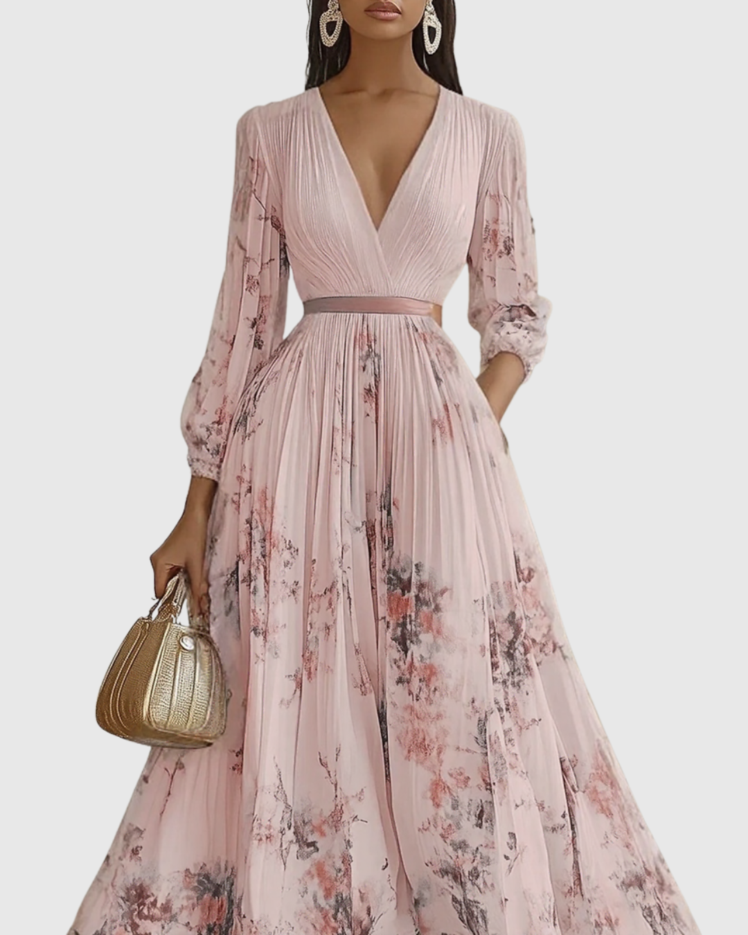 Women's Elegant Pleated Floral Long Dress V-Neck Long Sleeve Ribbon Waist Formal Casual – Rowella