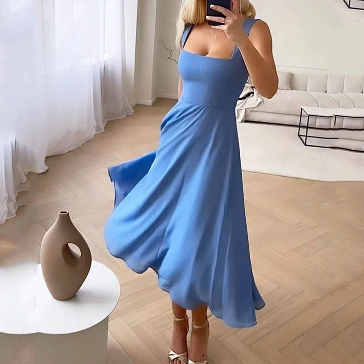 Women's Formal Party Dress Midi Wedding Guest Square Neck Fitted Bodice Fluid Skirt Elegant