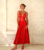Women's Floral Hollow-Out One-Piece Swimsuit & Long Skirt Set V-Neck Beach Vacation Pool Party Summer Resort – Red