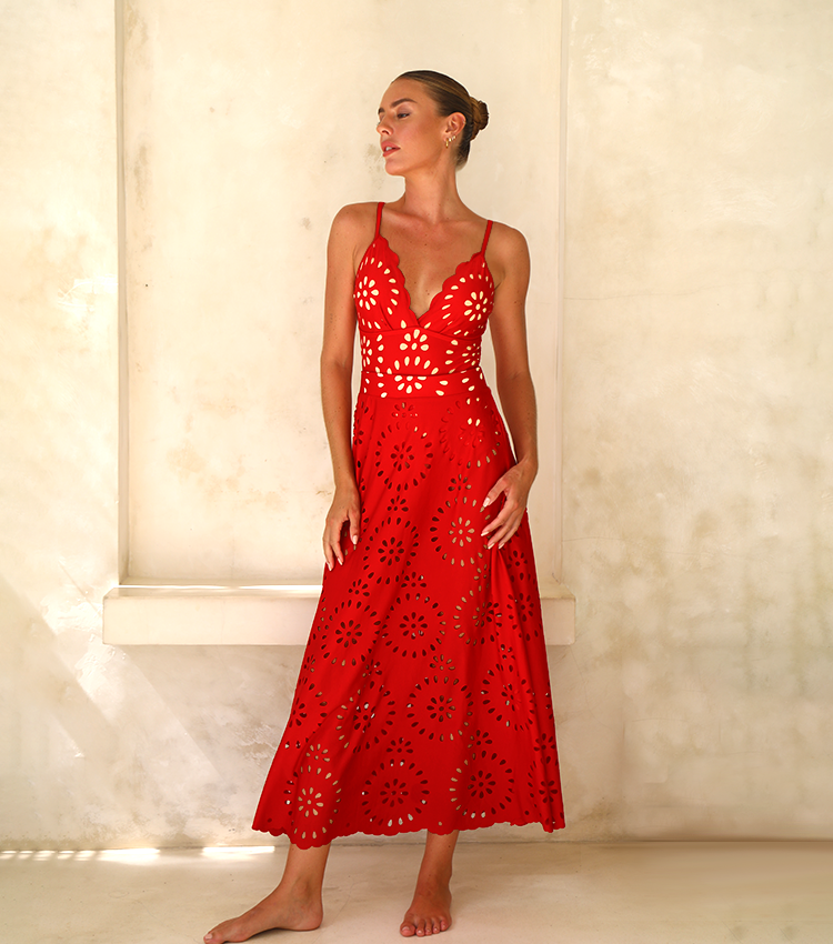 Women's Floral Hollow-Out One-Piece Swimsuit & Long Skirt Set V-Neck Beach Vacation Pool Party Summer Resort – Red