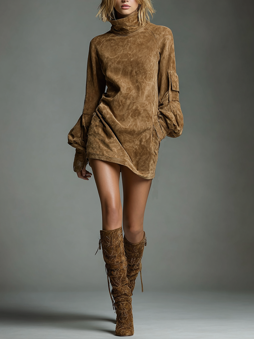 Women's Vintage Suede Mini Party Dress Turtleneck Long Sleeve Loose Fit Casual Retro – Brown